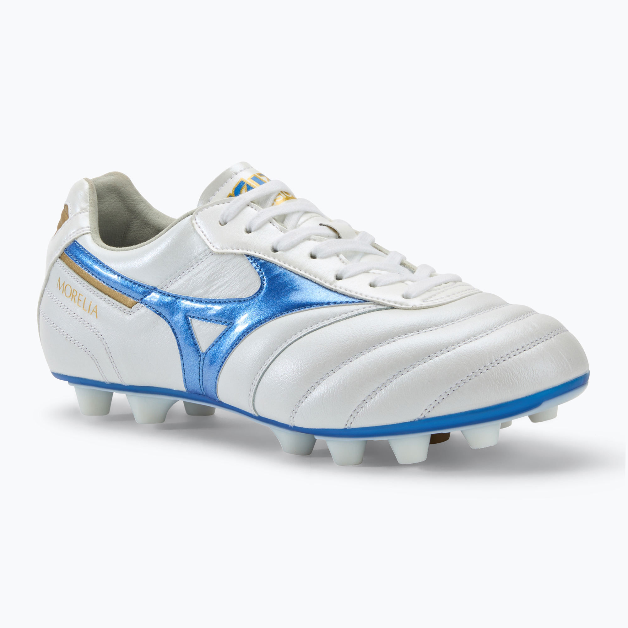 Pánske kopačky Mizuno Morelia II Elite Md white/laser blue/gold (Morelia II Elite P1GA241225)