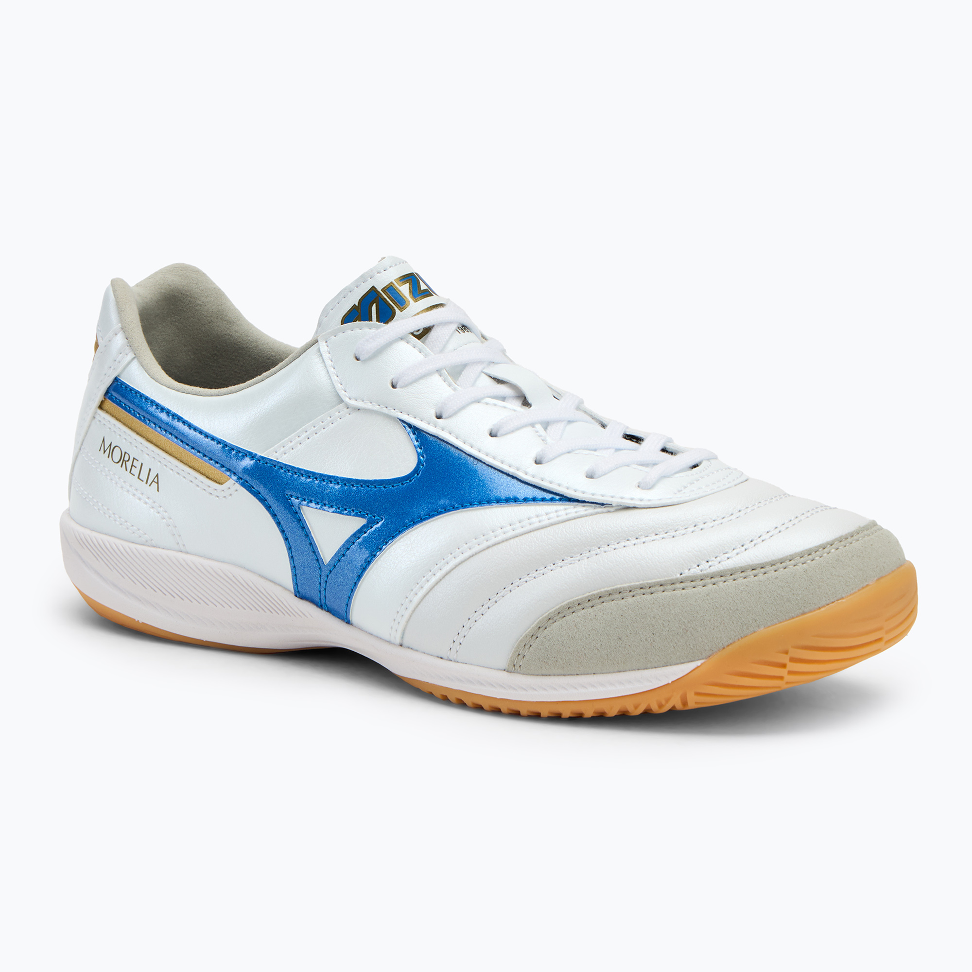 Pánske kopačky Mizuno Morelia Sala Elite IN white/laser blue/gold (Morelia Sala Elite Q1GA241225)