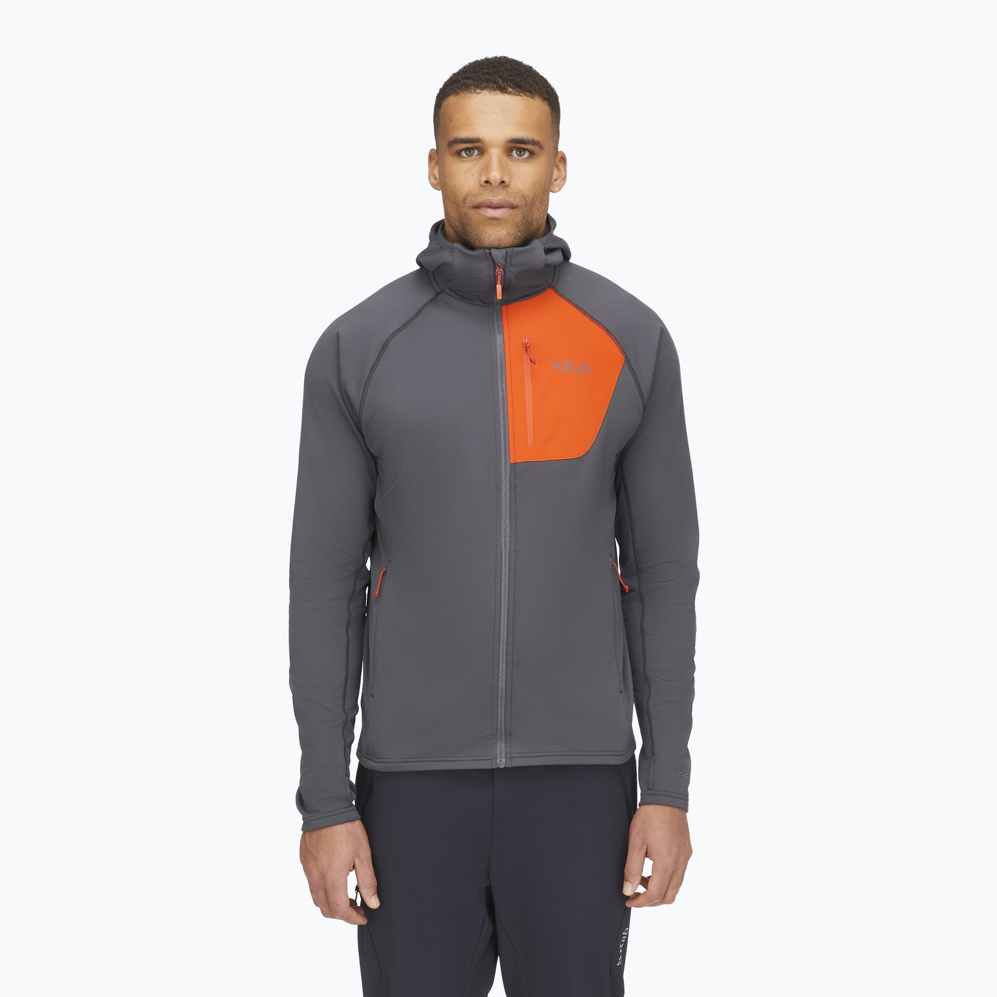 Pánska trekingová mikina Rab Superflux Hoody graphene/firecracker (Superflux Hoody QFE-89)
