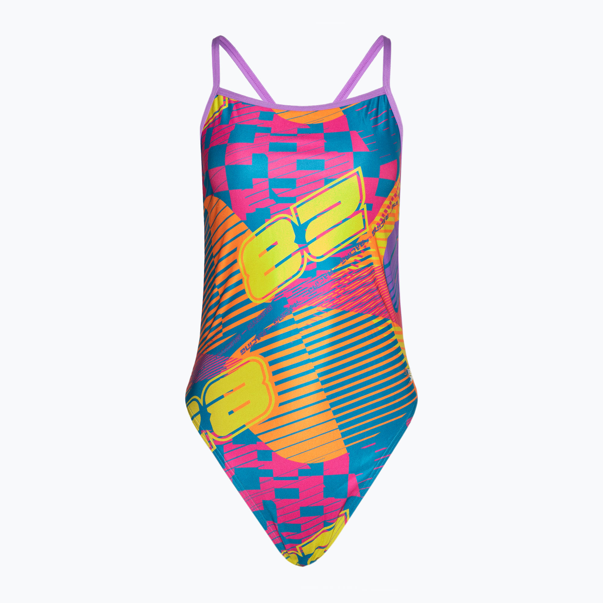 Dámske jednodielne plavky SpeedoAllover Digital Vback flare pink/bit lime/sweet purple/bolt (Allover Digital Vback 8-1284316625)