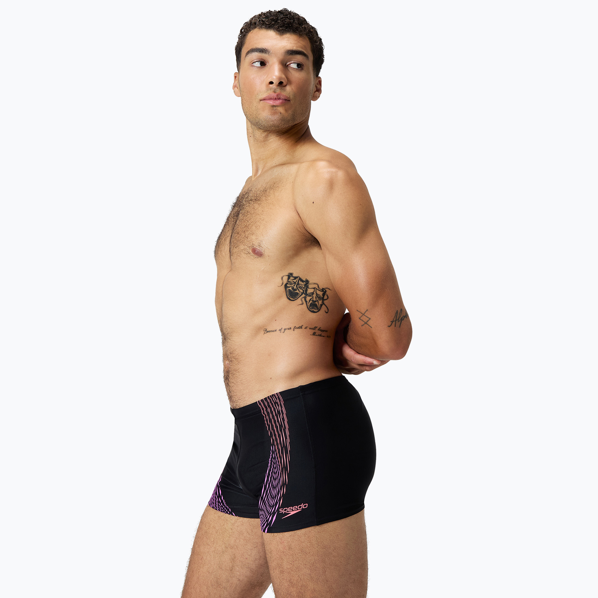 Pánske plavky Speedo Duo Logo Aquashort black/coral sands/neon violet (Duo Logo Print Aquashort 8-00303317926)