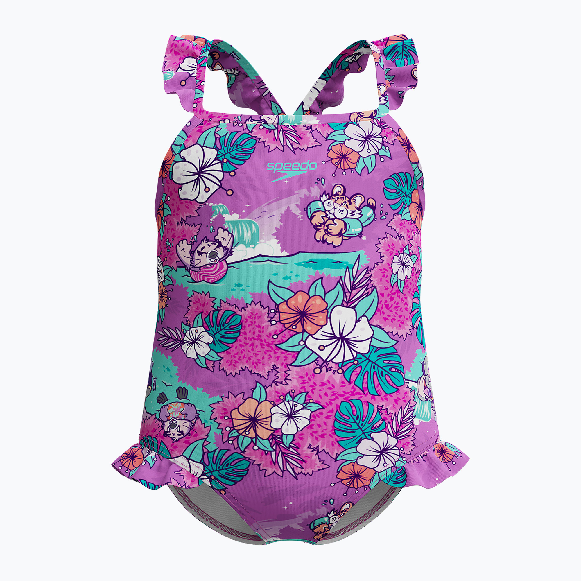 Detské jednodielne plavky Speedo Learn To Swim Detské Printed Frill Thinstrap neon violet (Learn To Swim Printed Frill Thinstrap 8-00314618239)