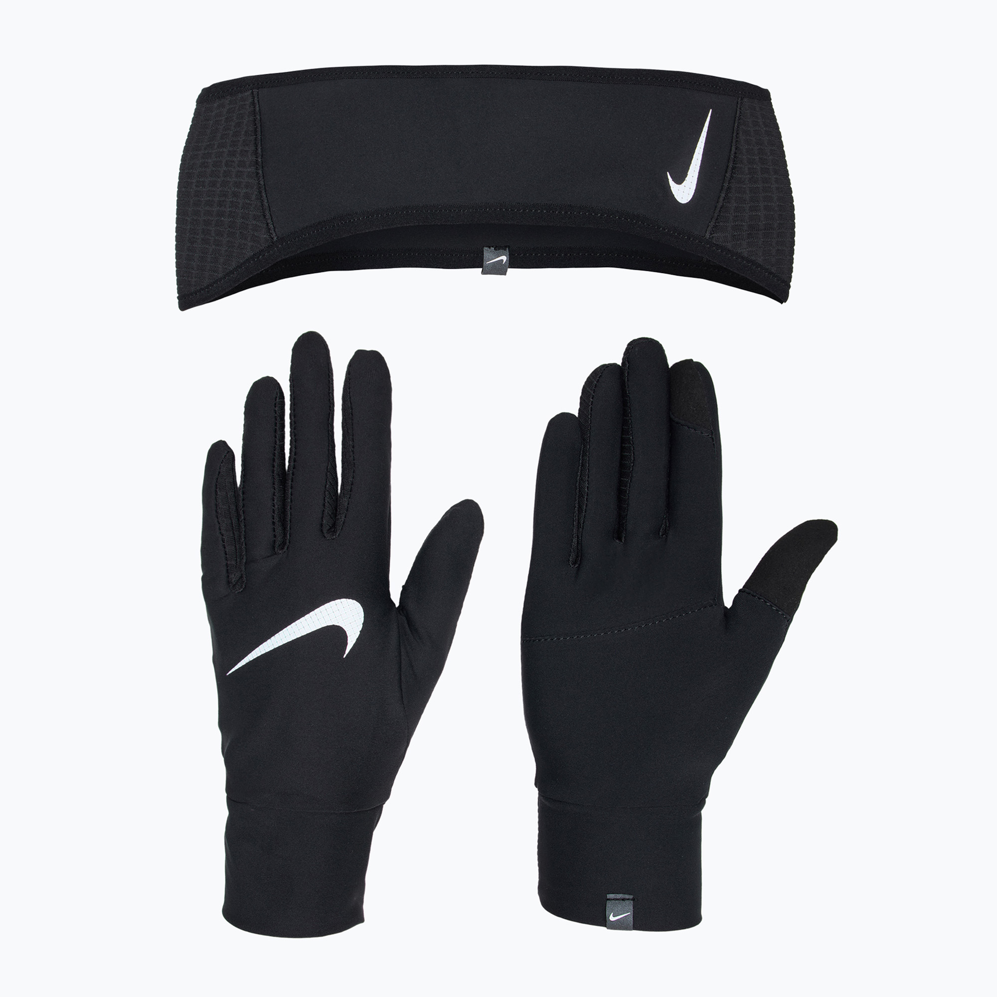Dámska súprava páska na ruku a rukavice Nike Essential Running black/black/silver (Essential Running N1000598-082)