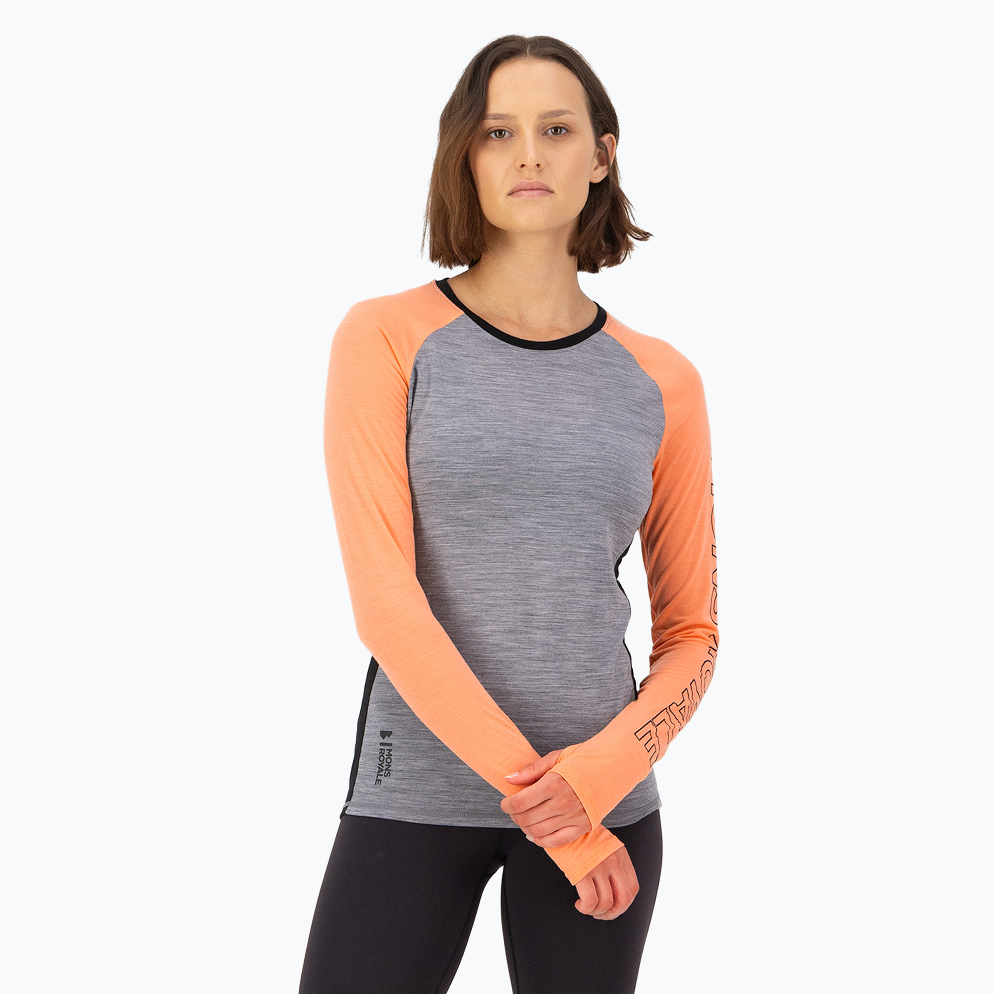 Dámske termo tričko s dlhým rukávom Mons Royale Bella Tech grey heather/punch (Bella Tech LS 100029-1165-881)